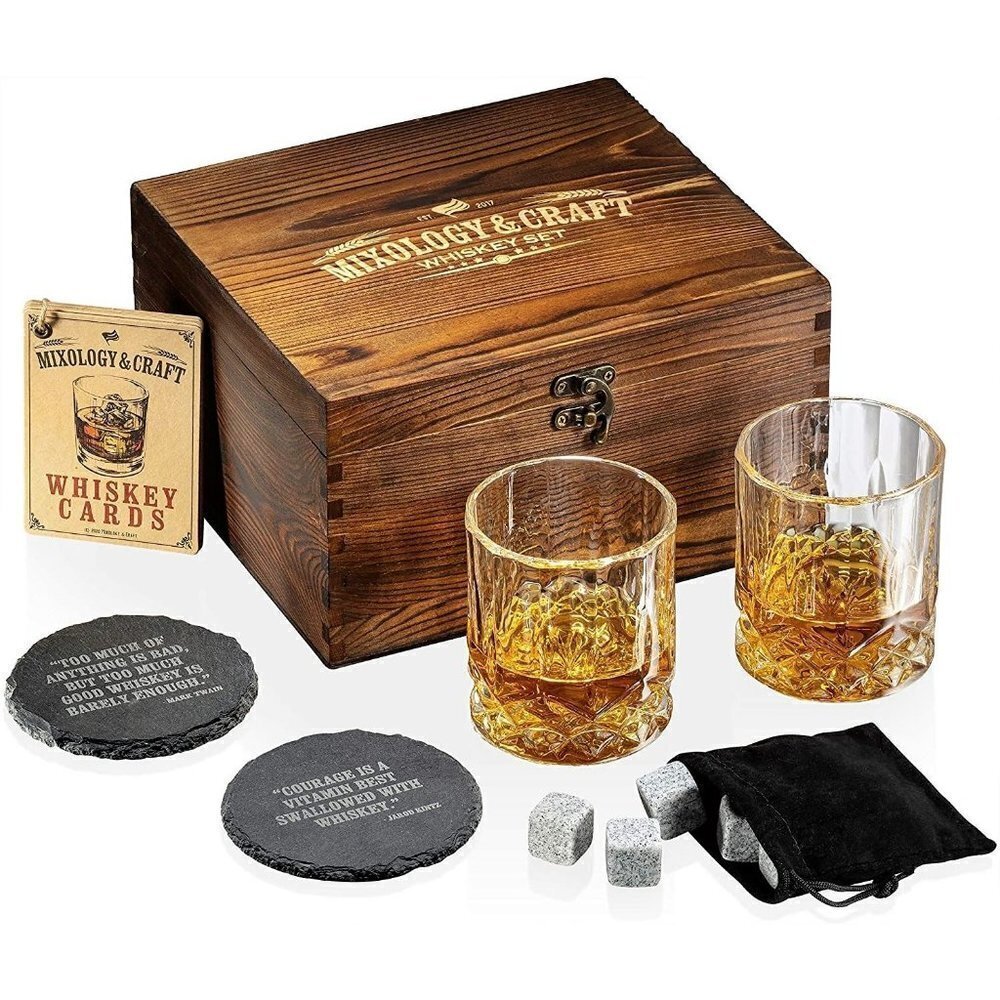 Mixology & Craft Whiskey Glass Stones Coasters Cards Wooden Gift Box